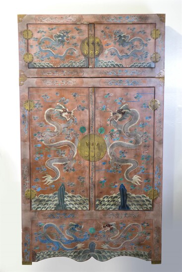 CHINESE STYLE COROMANDEL BRASS MOUNTED LACQUERED CABINET ON CABINET