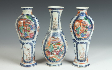 CHINESE THREE-PIECE BLUE AND WHITE AND POLYCHROMED PORCELAIN GARNITURE SET,...