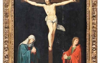 CHRIST EN CROIX ENTRE SAINT JEAN ET MARIE France, XVIIe sièclePanneauManques et petits accidents, restaurations...