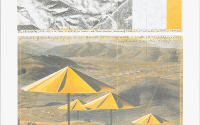 CHRISTO & JEANNE CLAUDE. "Yellow Umbrellas", color lithographic print, Achenbach, Düsseldorf, 1991.