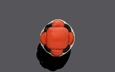 CORAL, ONYX AND DIAMOND RING.
