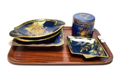 Carlton ware blue ground chinoiserie pattern lustre wares including four...