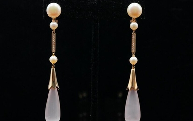 Cartier Pearl, Rose Quartz & 18K Earrings W/Diamonds