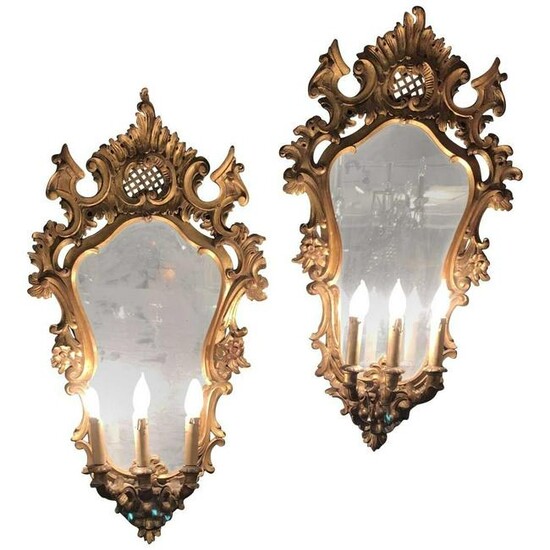 Carved Three-Light Mirrored Sconces