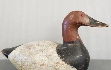 Carved wooden duck decoy with glass eyes & breathable bill - 16" long; 10" high