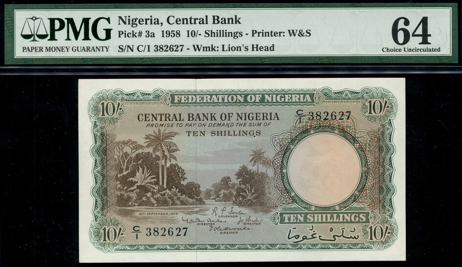Central Bank of Nigeria, 10 shillings, 15 September 1958, serial number C/1 382627, (Pick 3a, T...