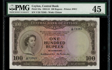 Ceylon, 100 rupees, 16th October 1954, serial number V/28 73365, (Pick 53a)