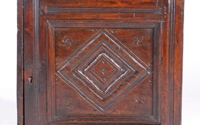 Charles II oak table cabinet, Lancashire, circa 1670, having a one-piece top with ovolo-moulded