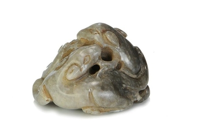 Chicken Bone Jade Carving of 2 Cats, Ming Dynasty
