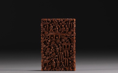 China - Wooden card box carved with characters, Canton, 19th...