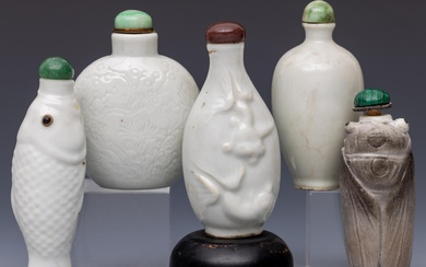 China, five white-glazed ceramic snuff bottles and stoppers, late Qing dynasty (1644-1912)