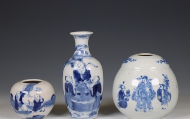 China, three various blue and white porcelain 'figural' jars, 19th-20th century