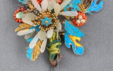 Chinese Jade Coral Kingfisher Feather Hair Pin