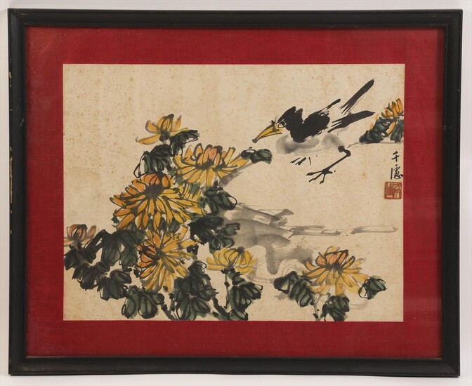Chinese Painting, a Bird and Yellow Blossoms, Ink on Paper FR3SHLM
