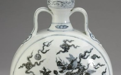 Chinese blue & white dragon motif moon flask