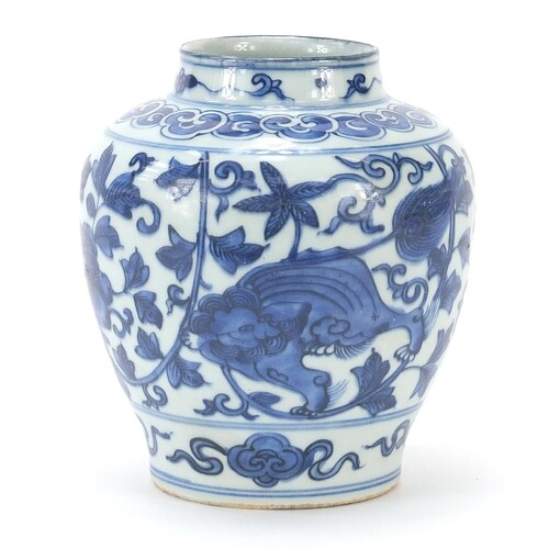 Chinese blue and white porcelain jar hand painted with mythi...