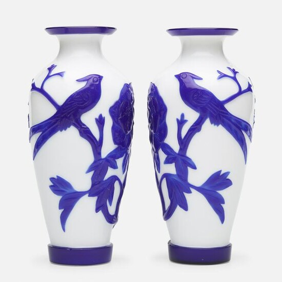 Chinese, white Peking 'Pheasant' glass vases