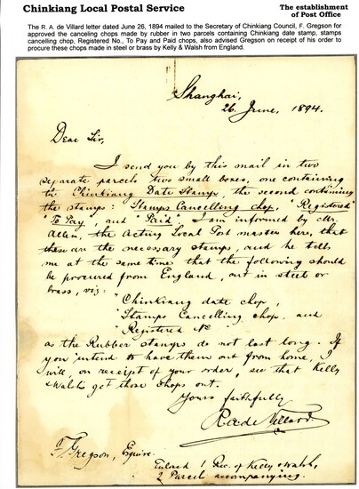 Chinkiang The Establishment of the Post Office 1894 (26 June) An autograph letter signed by de...