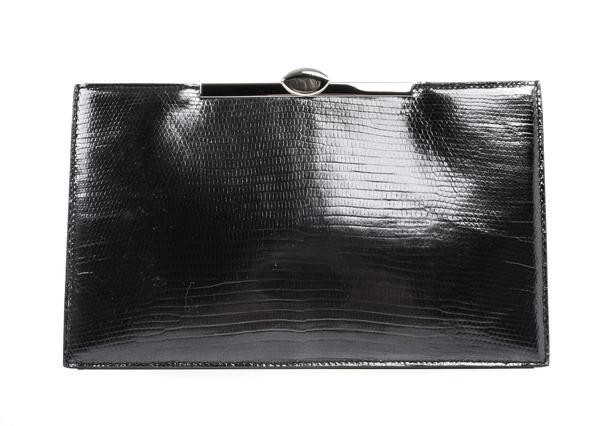 Christian Dior Bag Clutch Black Lizard Top Frame Sleek
