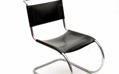 Chromed metal tube chair "MR10" with harness leather seat and...