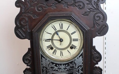 Circa 1880 Ansonia Gingerbread Wood Mantle Clock with Porcelain Face