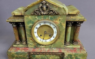 Circa 1880's Green Onyx Mantel Clock with Signed French Movement . Porcelain Dial. has key &