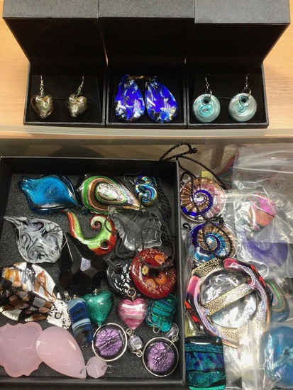 Collection of Murano and other coloured glass pendants and earrings etc