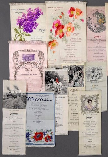 Collection of seventeen woven and printed menus from the banquets organised by the Court and the Chamber of Commerce of Saint Etienne, circa 1900- 1930