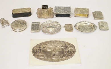 Collection of silver items to include matchbox sleeves, pot lids, dishes, etc
