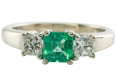 Colombian Emerald Diamond Band Ring 14K White Gold