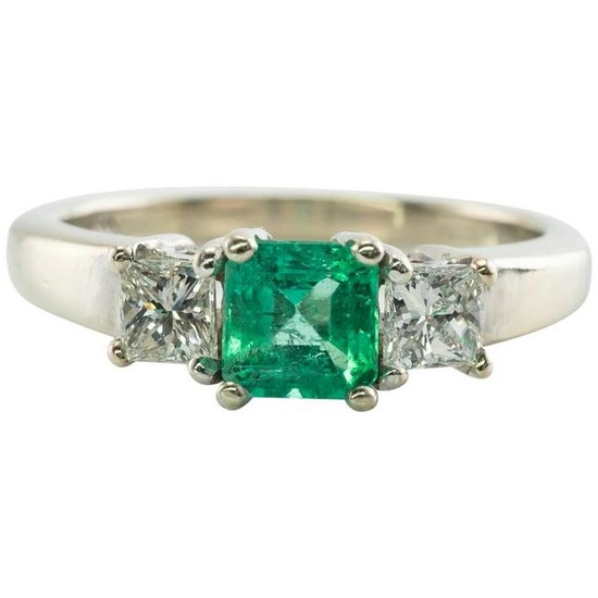 Colombian Emerald Diamond Band Ring 14K White Gold