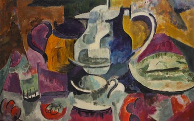 Composition cubiste, nature morte, huile sur toile non signée, vers 1940. Une petite perforation dans...