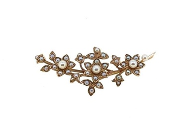 Cropp & Far - A late 20th century pearl brooch, floral spray with three flowers, each set with a 4mm