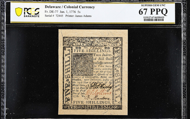 DE-77. Delaware. January 1, 1776. 5 Shillings. PCGS Banknote Superb Gem Uncirculated 67 PPQ.