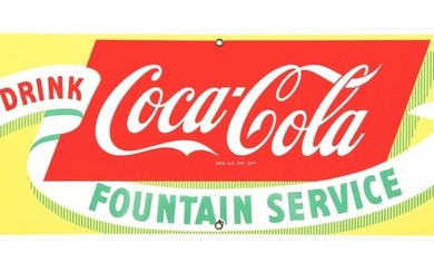 DRINK COCA-COLA FOUNTAIN SERVICE PORCELAIN SIGN W/ RIBBON GRAPHIC