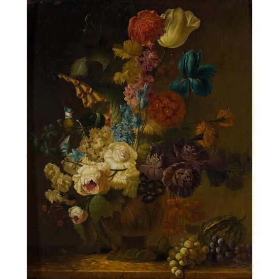 DUTCH SCHOOL (19TH CENTURY) STILL LIFE OF FLOWERS AND FRUIT IN A VASE
