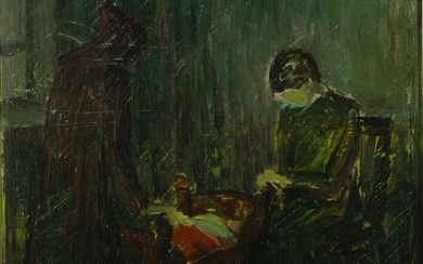Danish School, early-mid-20th century- Mother by a cot in an interior; oil on board, signed with initials lower right, 25 x 31 cm: Danish School, early to mid-20th century- Street scene; oil on board, signed and dated '47' lower right, 23 x 29 cm (2)