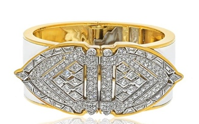 David Webb Platinum & 18K Yellow Gold White Enamel Shield Diamond Clips Cuff Bracelet