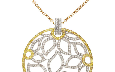 Diamond, Colored Diamond, Gold Pendant-Necklace The pendant features full-cut...