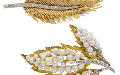 Diamond, Cultured Pearl, Gold Brooches Stones: Single-cut diamonds weighing...