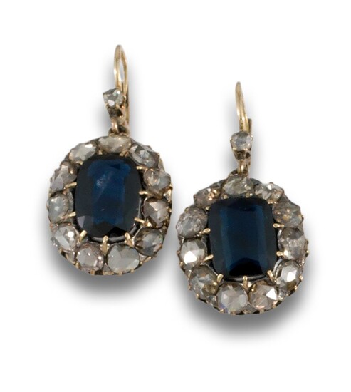 Diamond stud earrings sapphires .19th century long earrings in 18kt yellow gold and silver settings,...