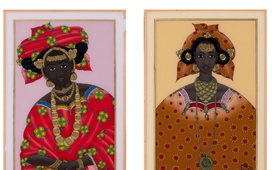 Djibril Fall Diene (né en 1968, Sénégal) Lot de deux peintures fixées sous verre