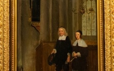 Dutch school: church interior with man and woman in 17th...