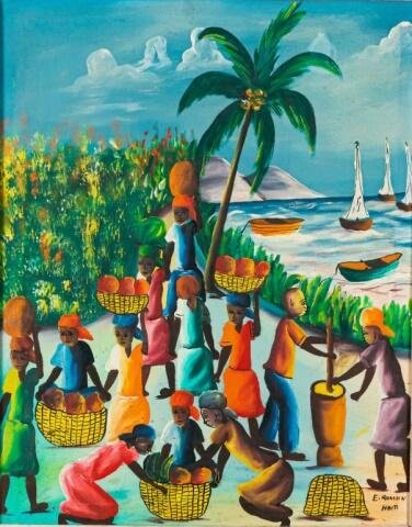E. Romain Oil on Canvas Haitian Village Scene
