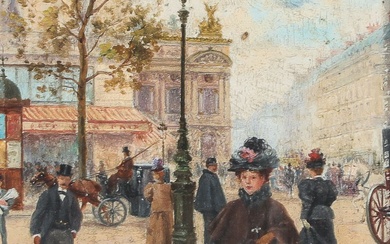 ÉMIL BARÉ (XIXe SIÈCLE). Élégante boulevard des Capucines, devant l’opéra, Paris Huile sur panneau, signée...