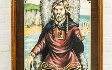 ENGLISH HAND PAINTED WOOD "KING CANUTE" PUB SIGN, 20TH C., H 60", W 36", D 4.5"