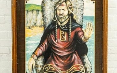 ENGLISH HAND PAINTED WOOD "KING CANUTE" PUB SIGN, 20TH