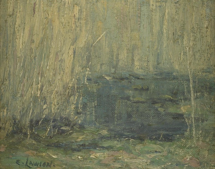 ERNEST LAWSON Swamp Willows. Oil on board, circa 1905. 205x260 mm; 8x10 inches....