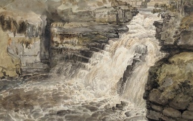 Early 19th century British school watercolor painting. Landscape with falls. Monogrammed lower left