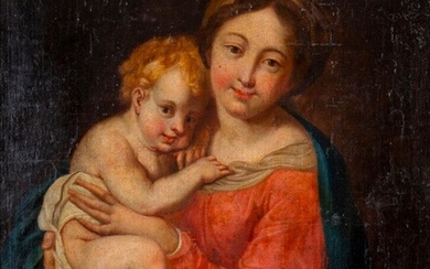 Ecole FRANCAISE du XVIIIème siècle, suiveur de MIGNARD, Vierge à l'Enfant, toile, 67 x 59...